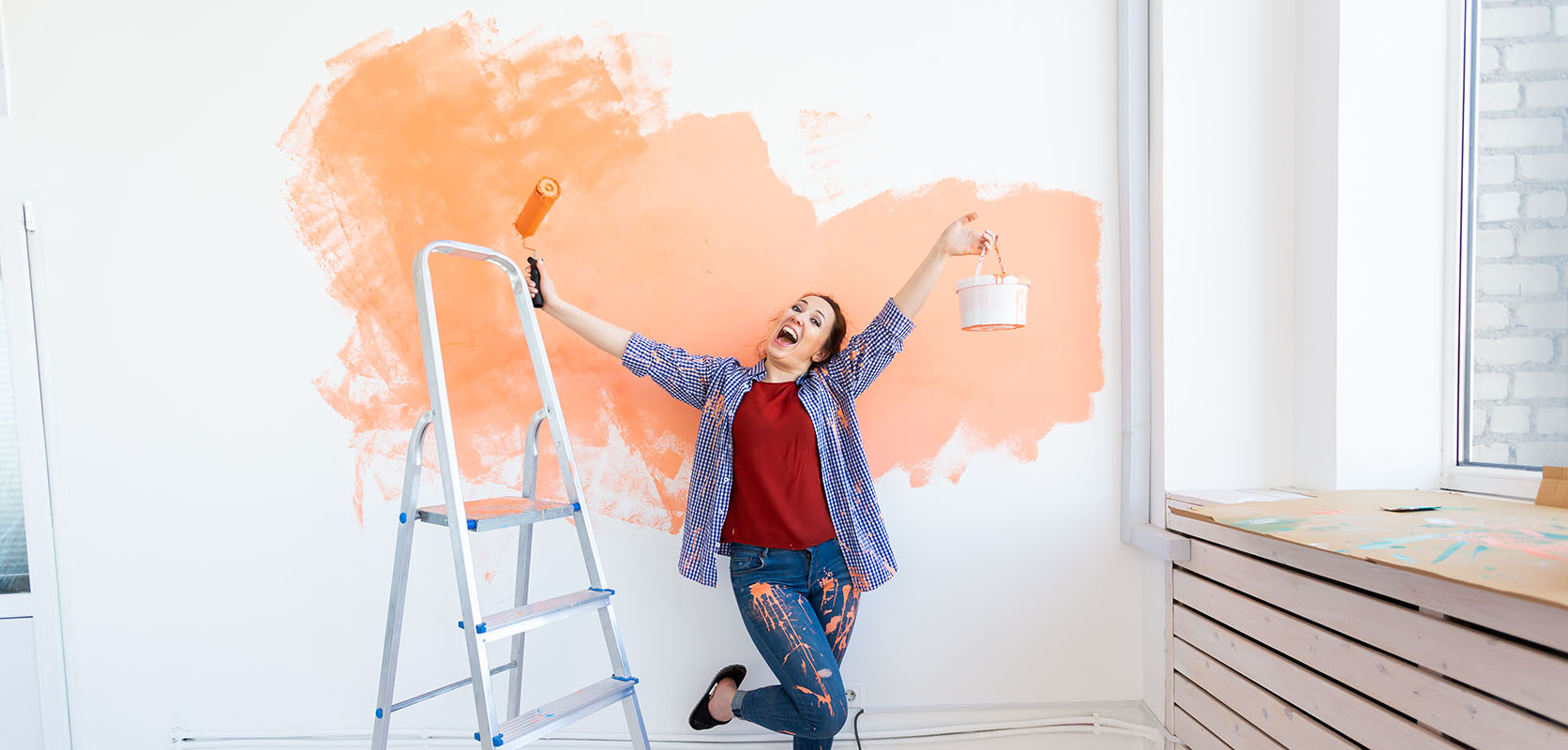 Happy energetic woman painting after smoking lemon kush weed from online dispensary and mail order marijuana weed shop low price bud. Buy weed online.