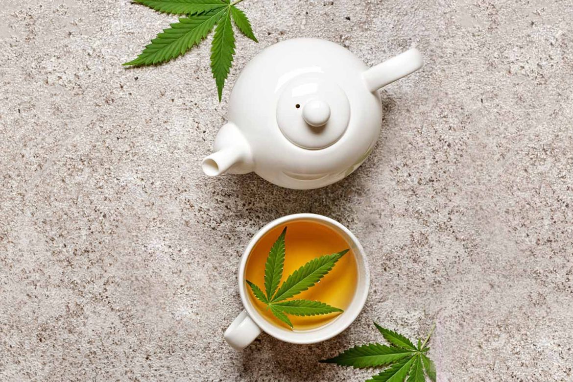 Tea pot with tea cups with cannabis leaves. How to make weed tea with recipes. Buy weed online in Canada.