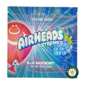 Airhead Extremes Blue Raspberry 400MG THC edibles front of package. weed online canada. west coast supply. violator kush, moon rock weed, and fruity pebbles strain weed online.