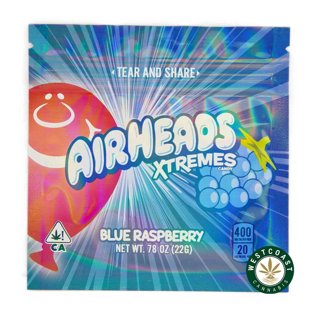Airhead Extremes Blue Raspberry 400MG THC edibles front of package. weed online canada. west coast supply. violator kush, moon rock weed, and fruity pebbles strain weed online.