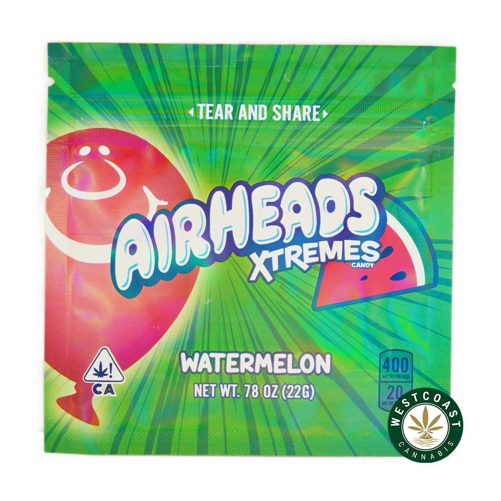 Front of Airhead Extremes Watermelon 400MG THC gummies package. online dispensary in canada to buy weed. tropicana cookies strain, diamonds concentrate, and pink kush strain weed online.