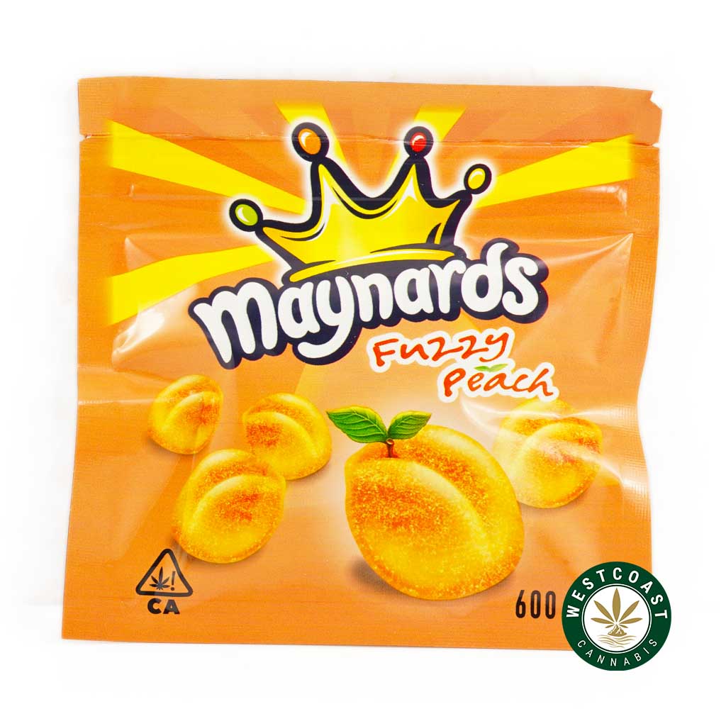 Maynards Fuzzy Peaches 600MG THC gummies front of package. buy weeds online. jungle cake, atomic bomb strain, and sweet haze strain weed online canada.