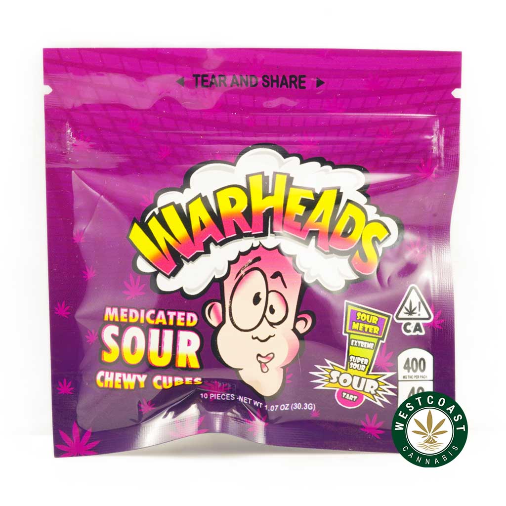 Front package image War Heads Sour Chewy Cubes Tart 400MG THC gummies. buying weed online. pre 98 bubba kush, super silver haze strain, lemon kush strain, and girl scout cookie weed online.