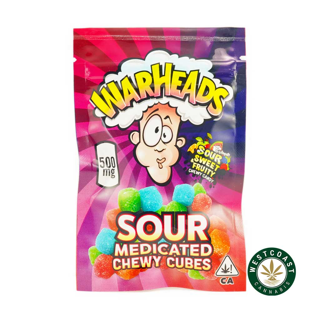 Front of package image War Heads Sour Chewy Cubes Tart 500MG THC edibles and weed gummies. moon rock weed. pink kush strain, death bubba strain, zombie og strain, and strawberry shortcake strain weed online canada.