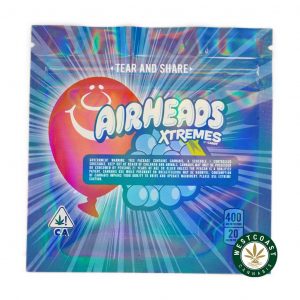 Airhead Extremes Blue Raspberry 400MG THC edibles back of package. buy weed online. snowcap strain, pineapple kush, hindu kush strain, and dolato weed online canada.
