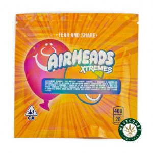 Airhead Extremes Orange 400MG THC edibles gummies back of package. buy weed. ice cream cake strain, pineapple express strain, and death bubba strain weed online canada.