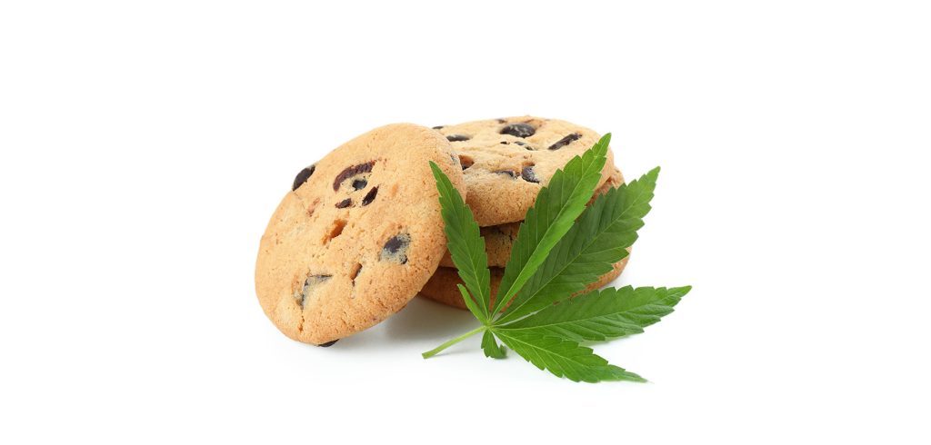 Chocolate chip weed cookies and cannabis leaf. Buy baked edibles online. Medibles.